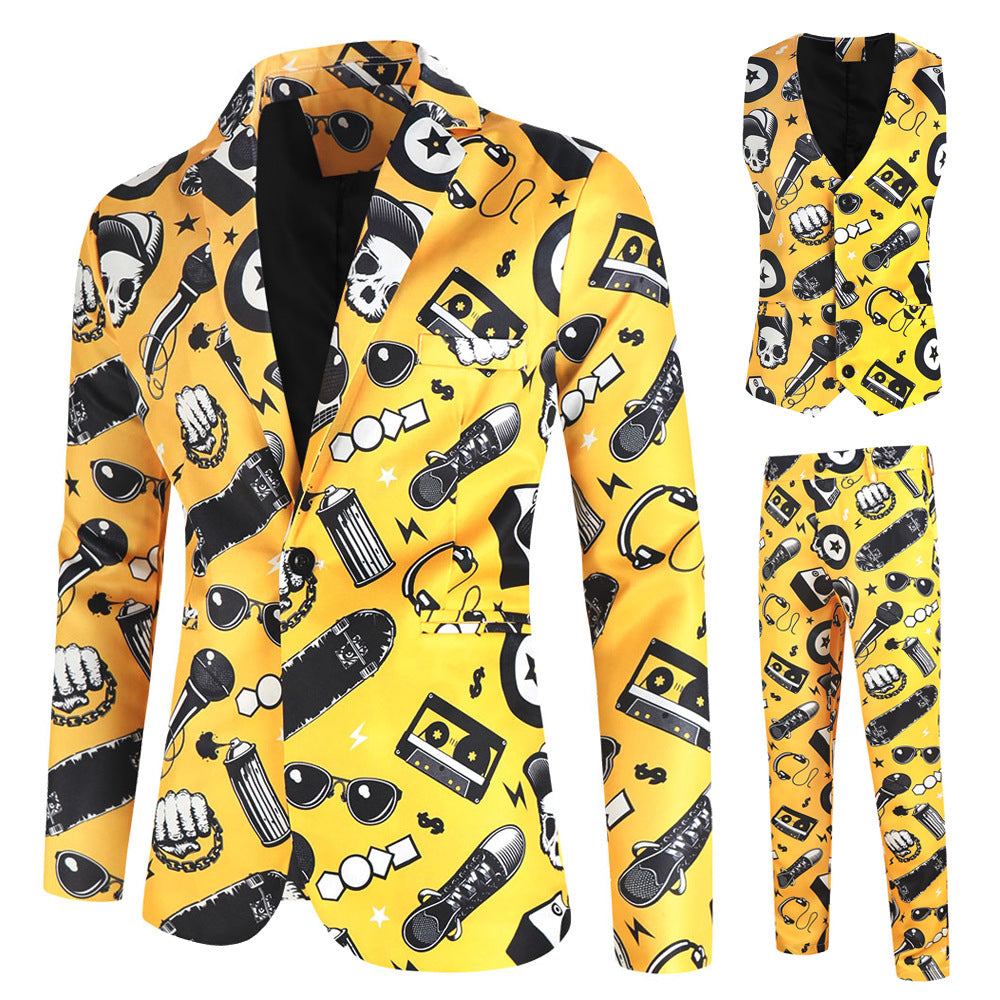 Men's Fashionable Music Festival Suit Vibrant Yellow Skull Patterned
