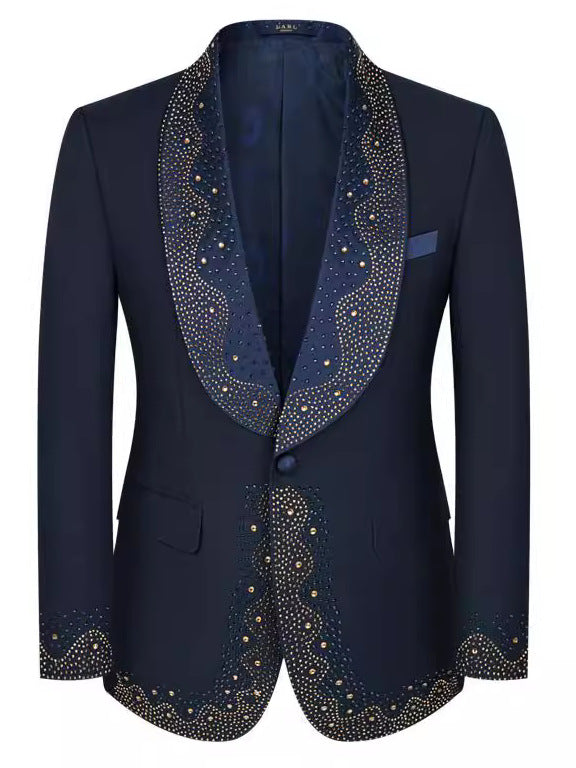 Men's 3-Piece Rhinestone Embellishments Wedding Dark Blue Tuxedo