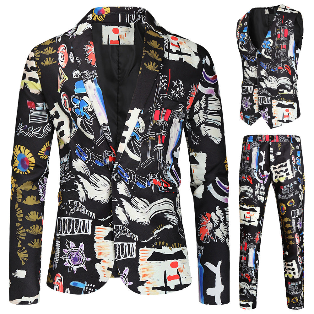 Men's 3-Piece Fashion Portrait Graffiti Print Casual Suit