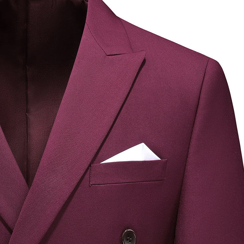 Men’s 3-Piece Double-breasted Classic Business Burgundy Suit