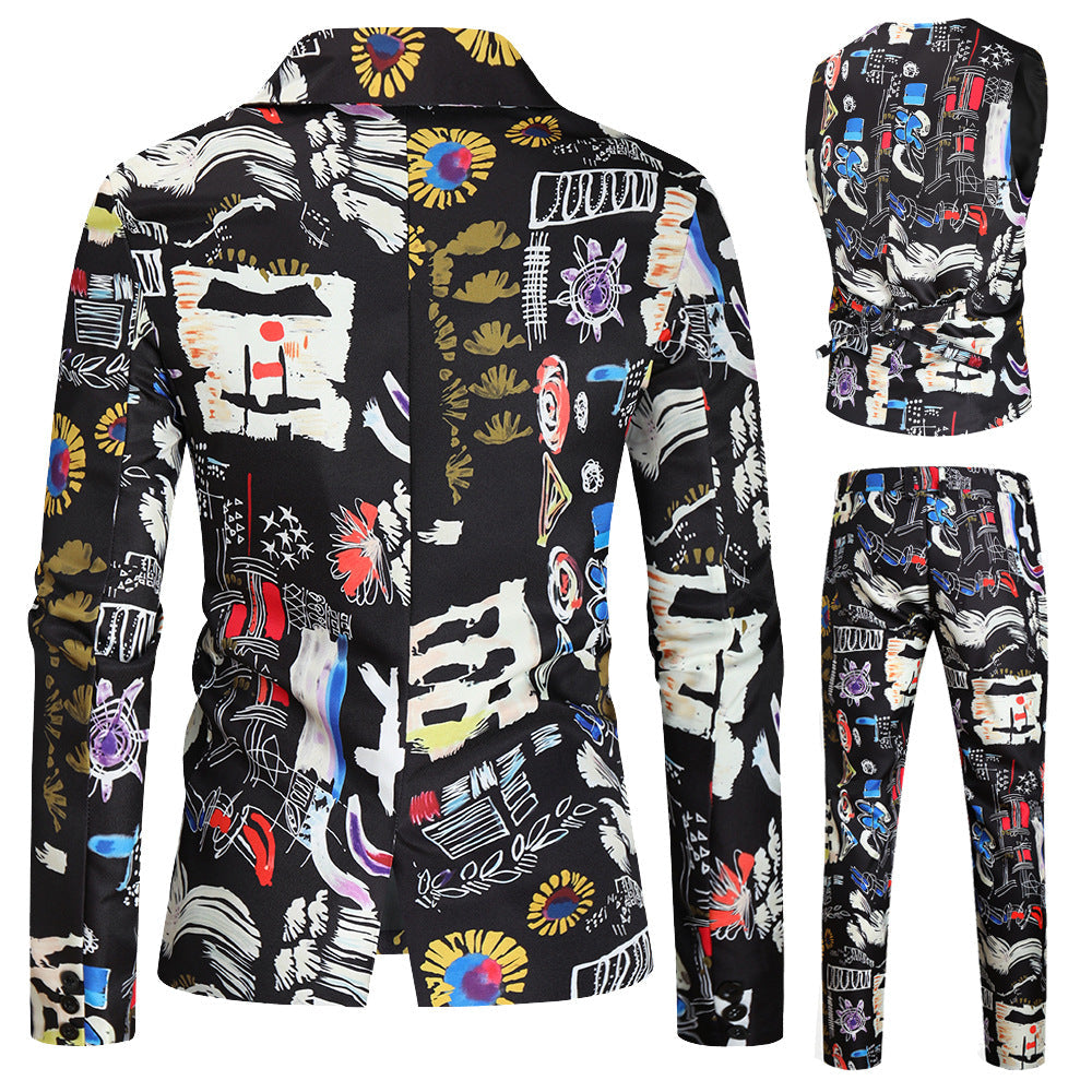 Men's 3-Piece Fashion Portrait Graffiti Print Casual Suit