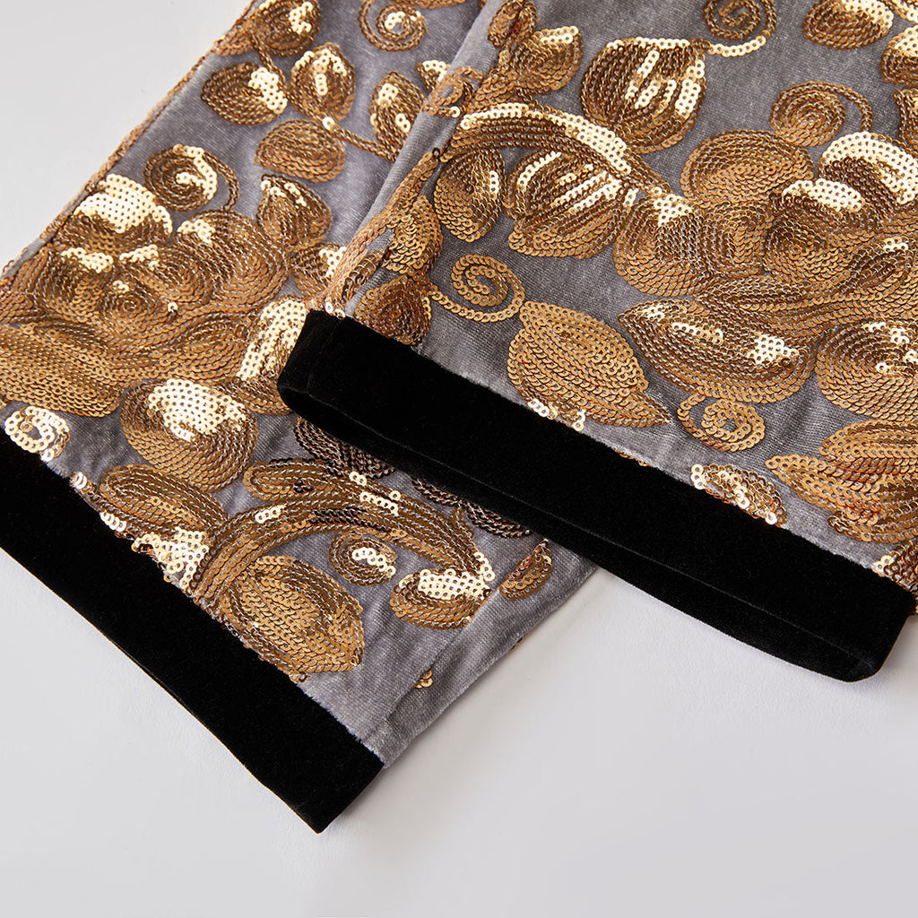 Men's Shiny Luxury Embroidery Pants Gold Gray