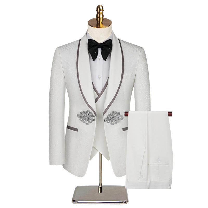 Men's 3-Piece Shawl Lapel Floral Jacquard White Tuxedo