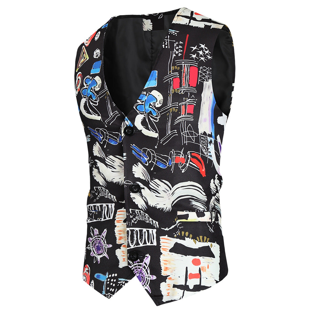 Men's 3-Piece Fashion Portrait Graffiti Print Casual Suit
