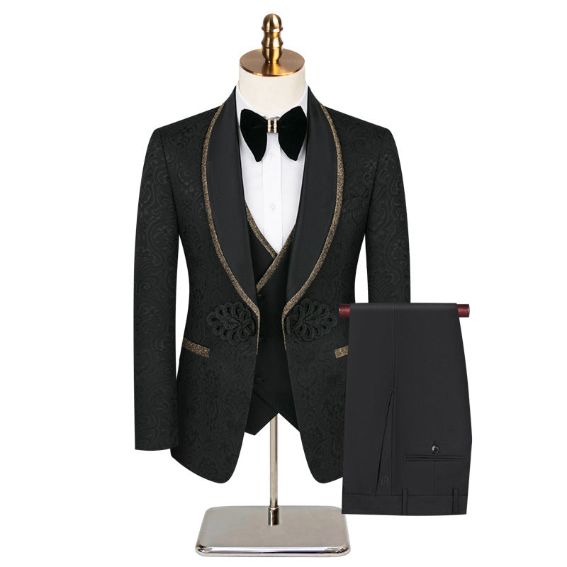 Men's 3-Piece Floral Jacquard Black Tuxedo With Shawl Lapel