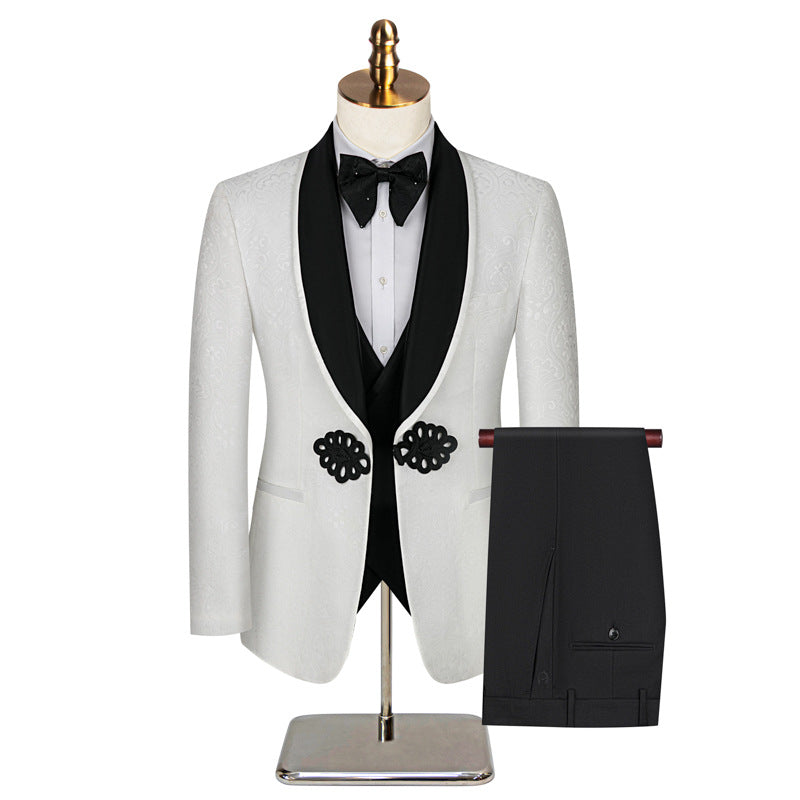Men's 3-Piece Black Lapel Floral Jacquard White Tuxedo