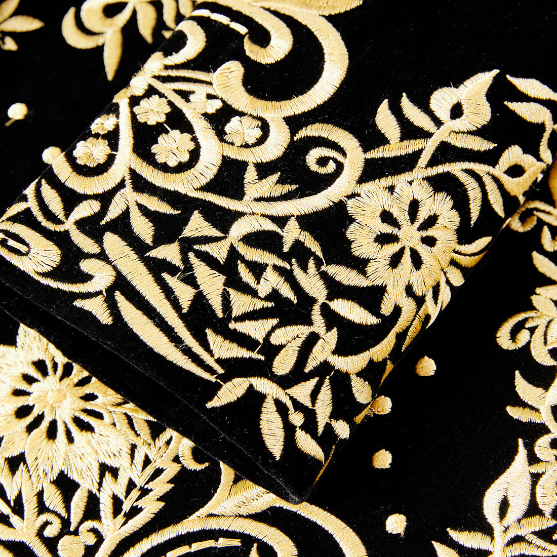 Men's Luxury Gold Floral Embroidered Black Velvet Tuxedo