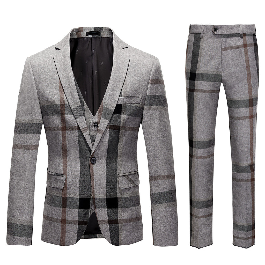 Men's 3-Piece Modern Plaid Design Light Gray Tuxedo