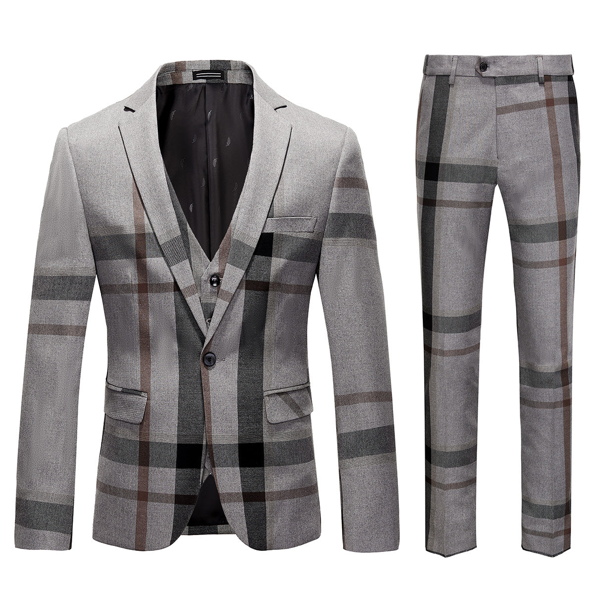 Men's 3-Piece Modern Plaid Design Light Gray Tuxedo