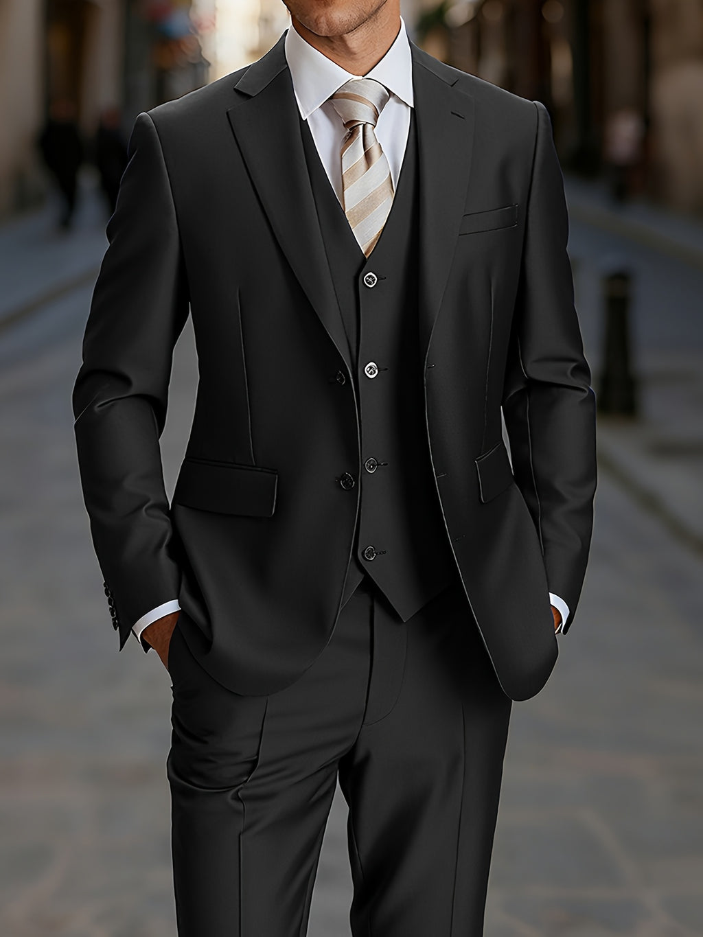 Men'S 3pcs Business Style Suit, Two Button Lapel Jacket Vest Trouser Set Solid Color Wedding Business Tuxedo Suit