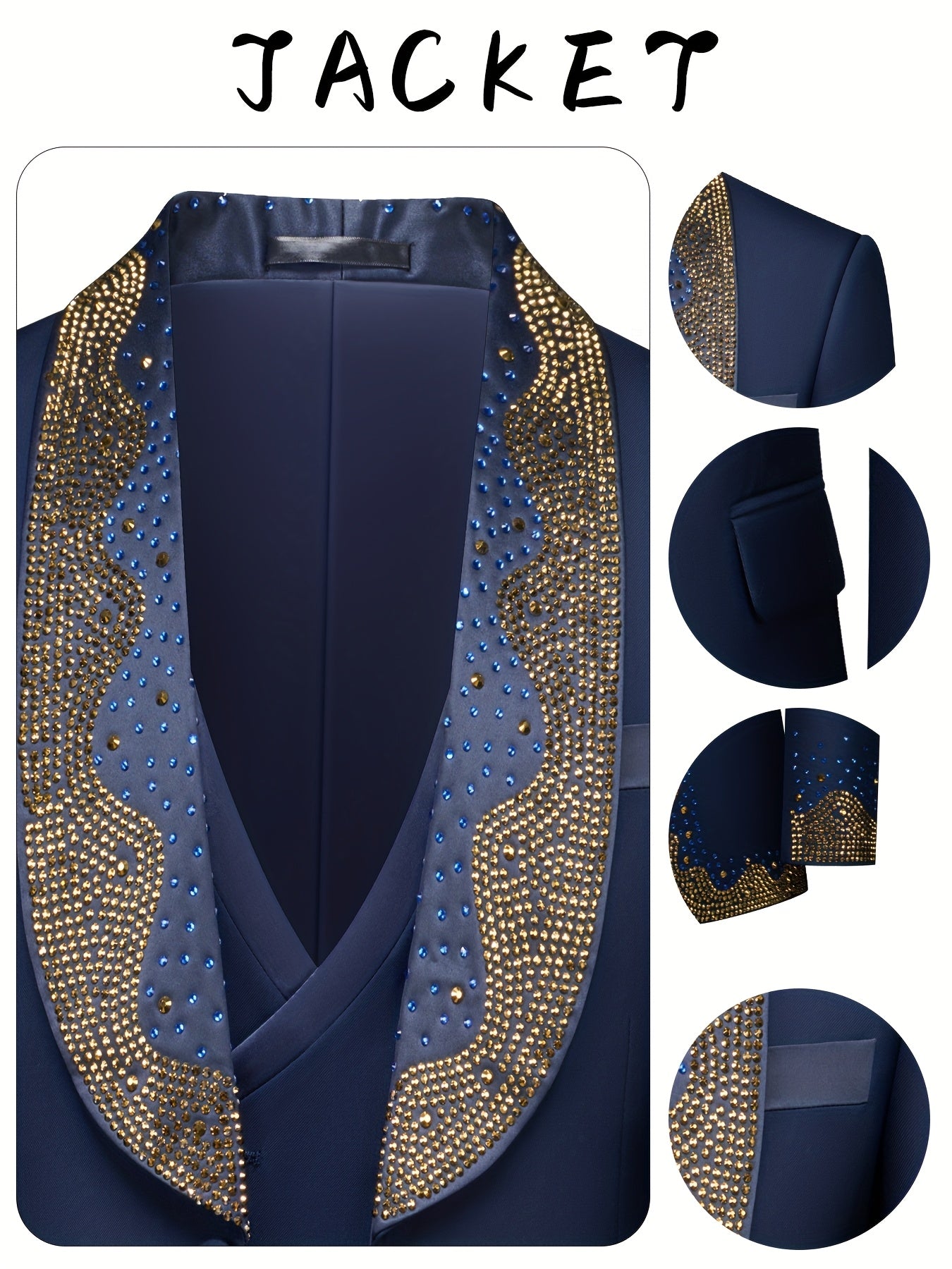 Men's 3pcs Slim-Fit Tailored Tuxedo Set with Golden Embellished & Vest - Black Wedding, Prom, Party Suit Jacket, Pants & Matching Blazer Outfit (No Alterations Required), Suits For Men, Wedding Suits For Men, Black Suit, Mens Clothes, Christmas Suit, Roya