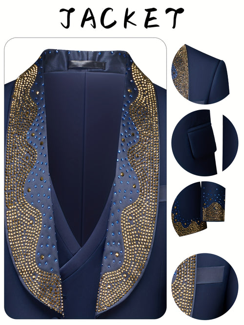 Men's 3pcs Slim-Fit Tailored Tuxedo Set with Golden Embellished & Vest - Black Wedding, Prom, Party Suit Jacket, Pants & Matching Blazer Outfit (No Alterations Required), Suits For Men, Wedding Suits For Men, Black Suit, Mens Clothes, Christmas Suit, Roya