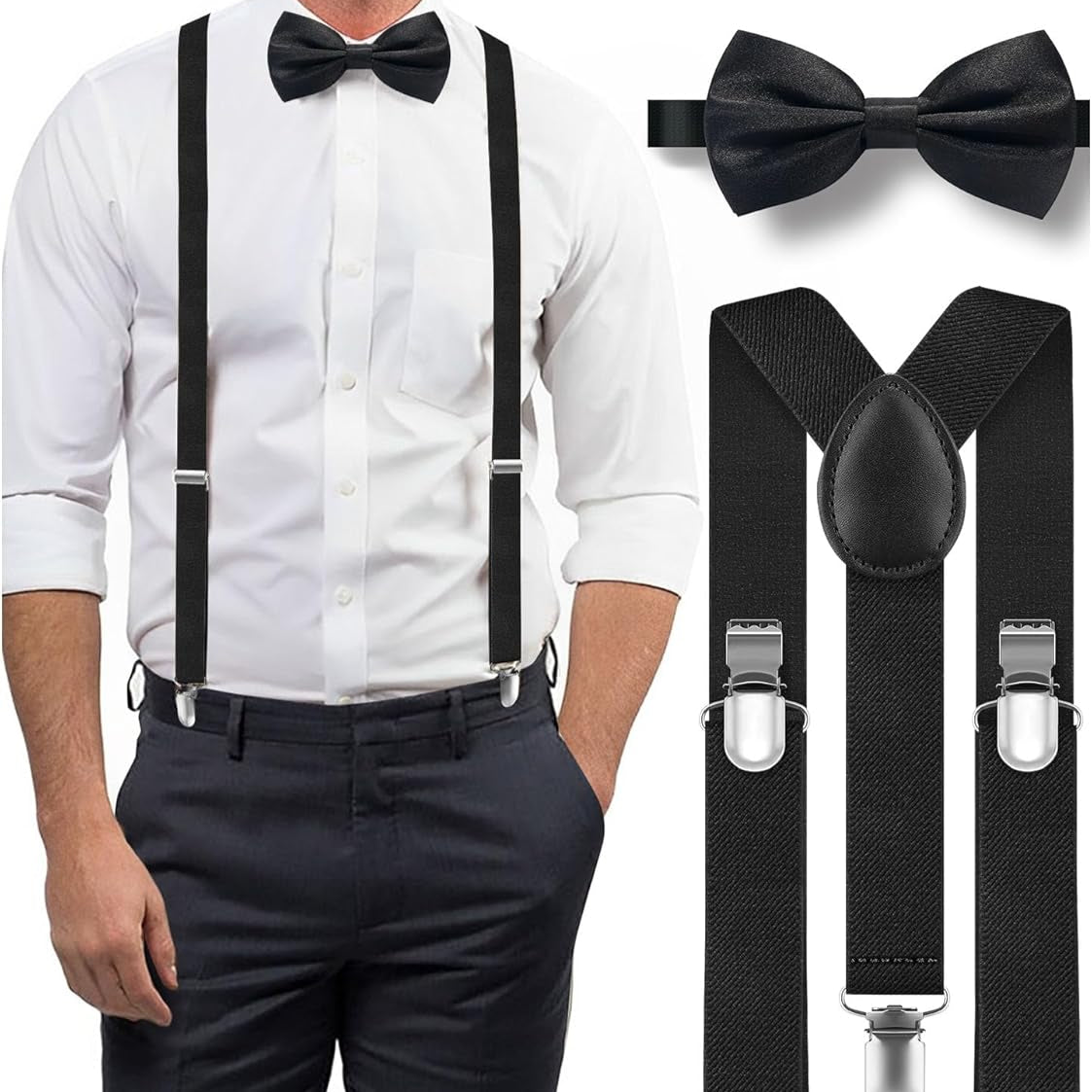 Men's Classic Black Bow Tie & Suspenders Set