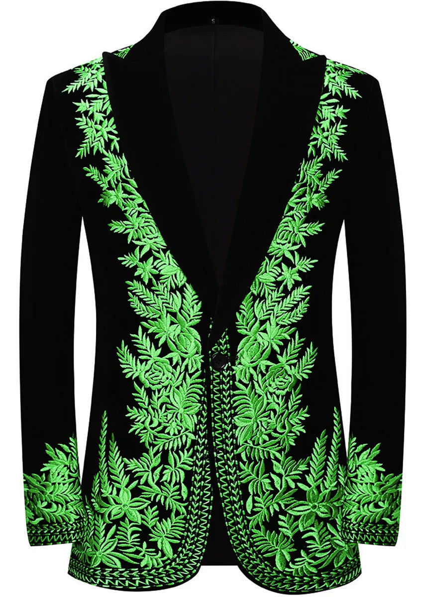 Men's Luxurious Green Embroidery Black Velvet Tuxedo