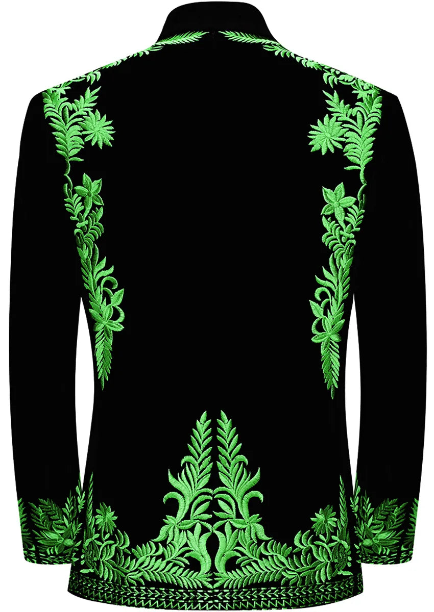 Men's Luxurious Green Embroidery Black Velvet Tuxedo