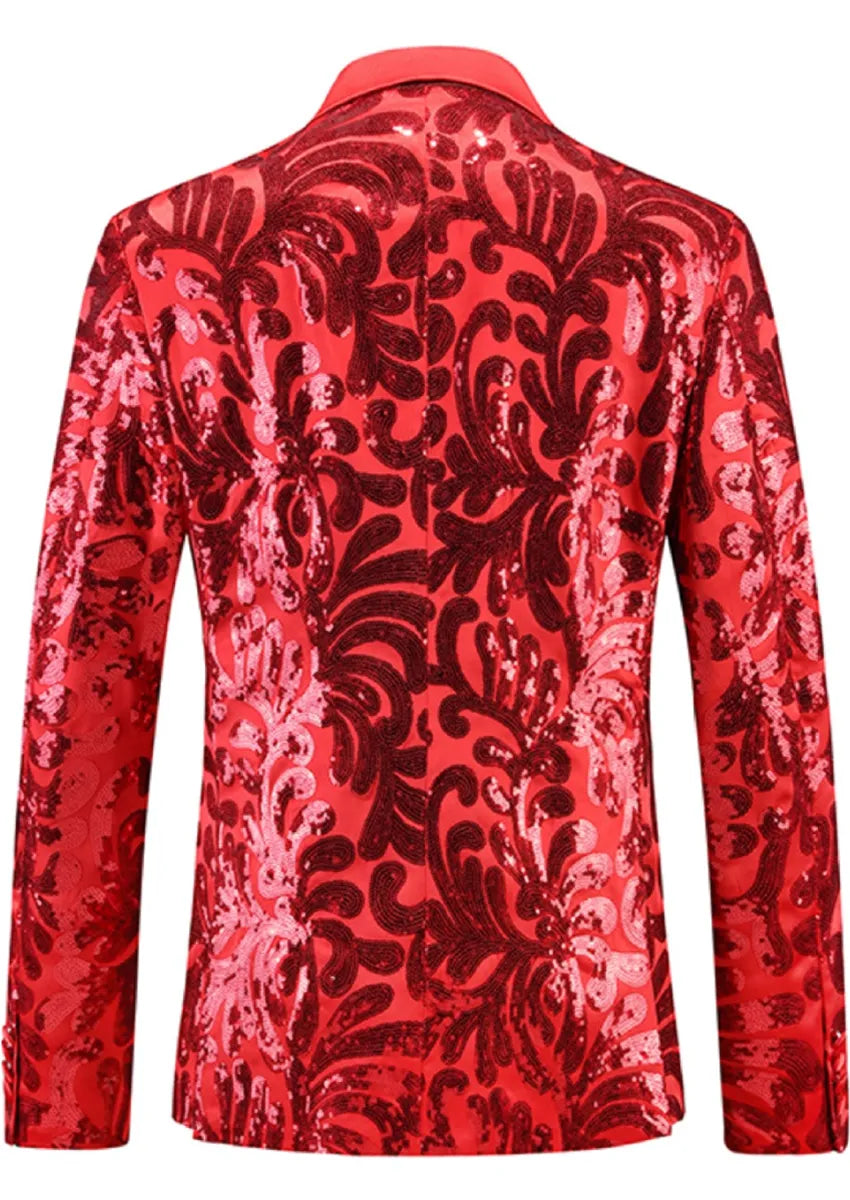 Men's Notch Lapel Embroidered Paisley Red Sequin Suit