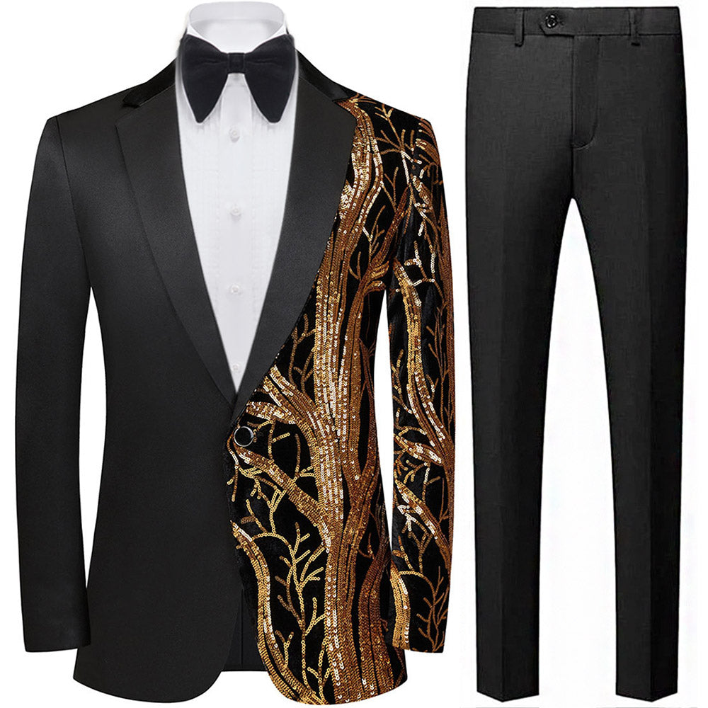 Men's 2-Piece Suit Gold Sequin Branches Black Suit
