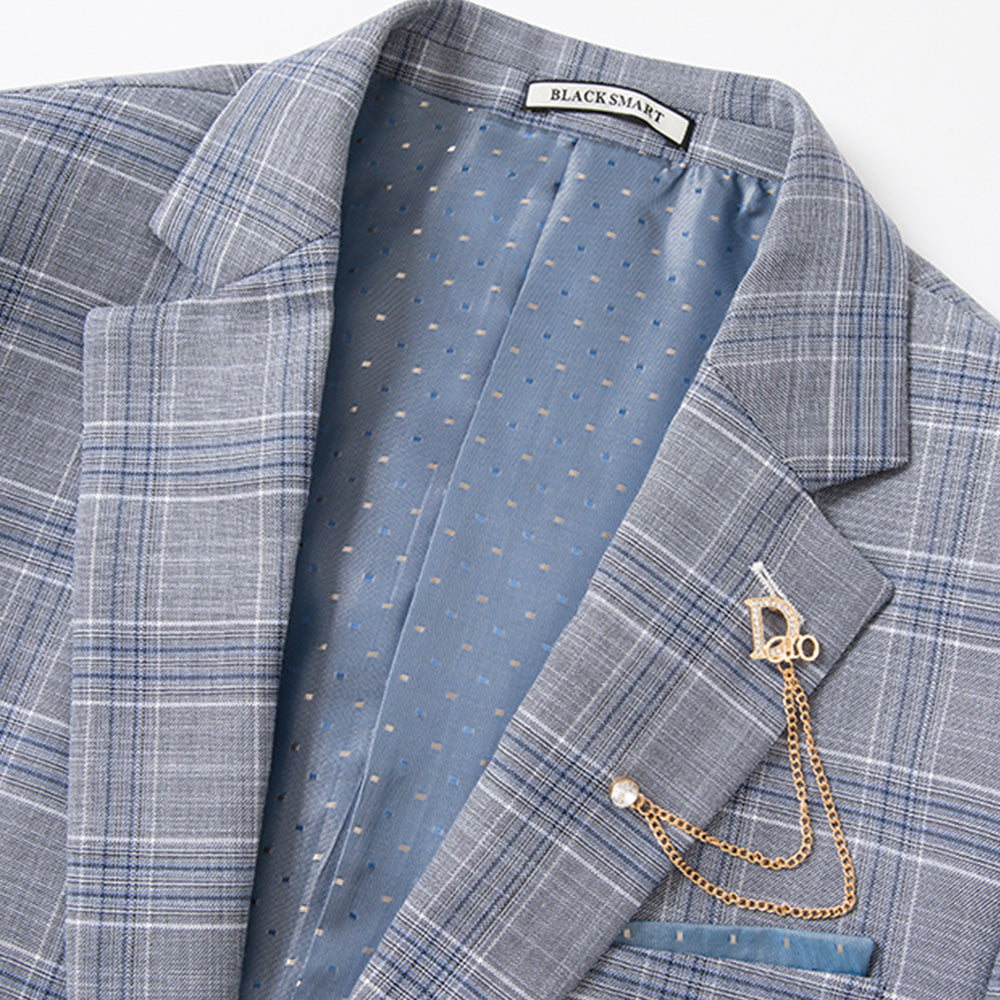 Men's 3-Piece One Button Fashionable Plaid Grayish Blue Suit