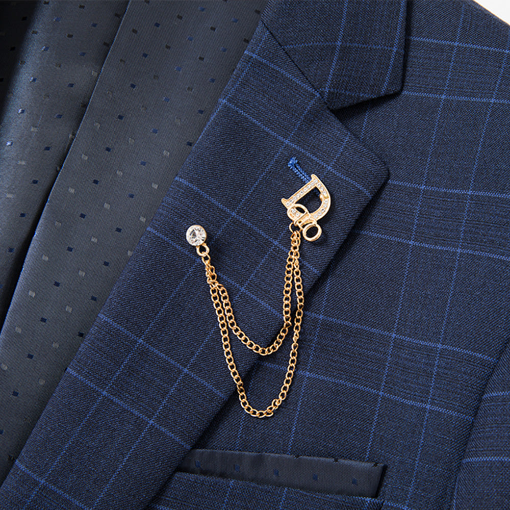 Men's 3-Piece One Button Fashionable Plaid Navy Suit