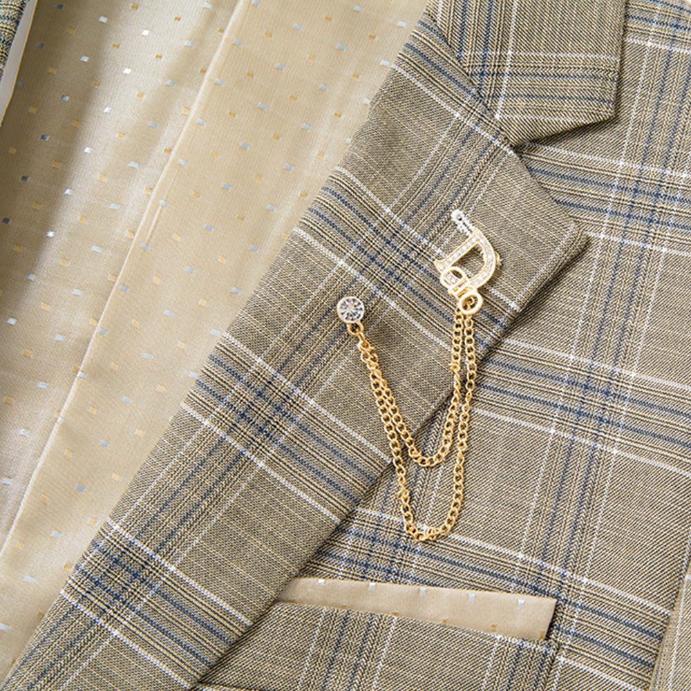 Men's 3-Piece One Button Fashionable Plaid Brown Suit