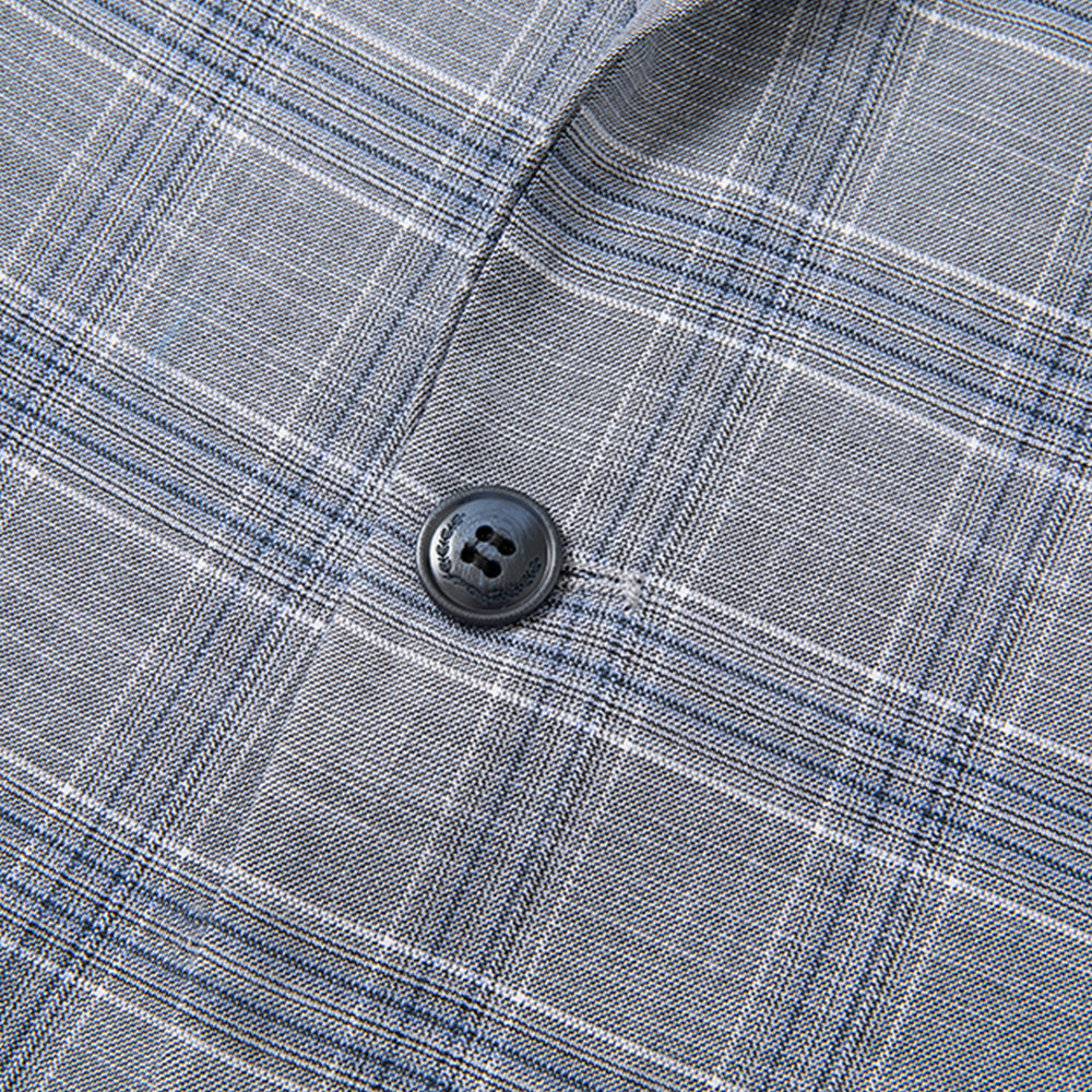Men's 3-Piece One Button Fashionable Plaid Grayish Blue Suit