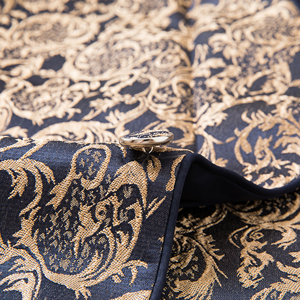 Men's 3-Piece Vintage Style Gold Damask Jacquard Navy Blue Suit