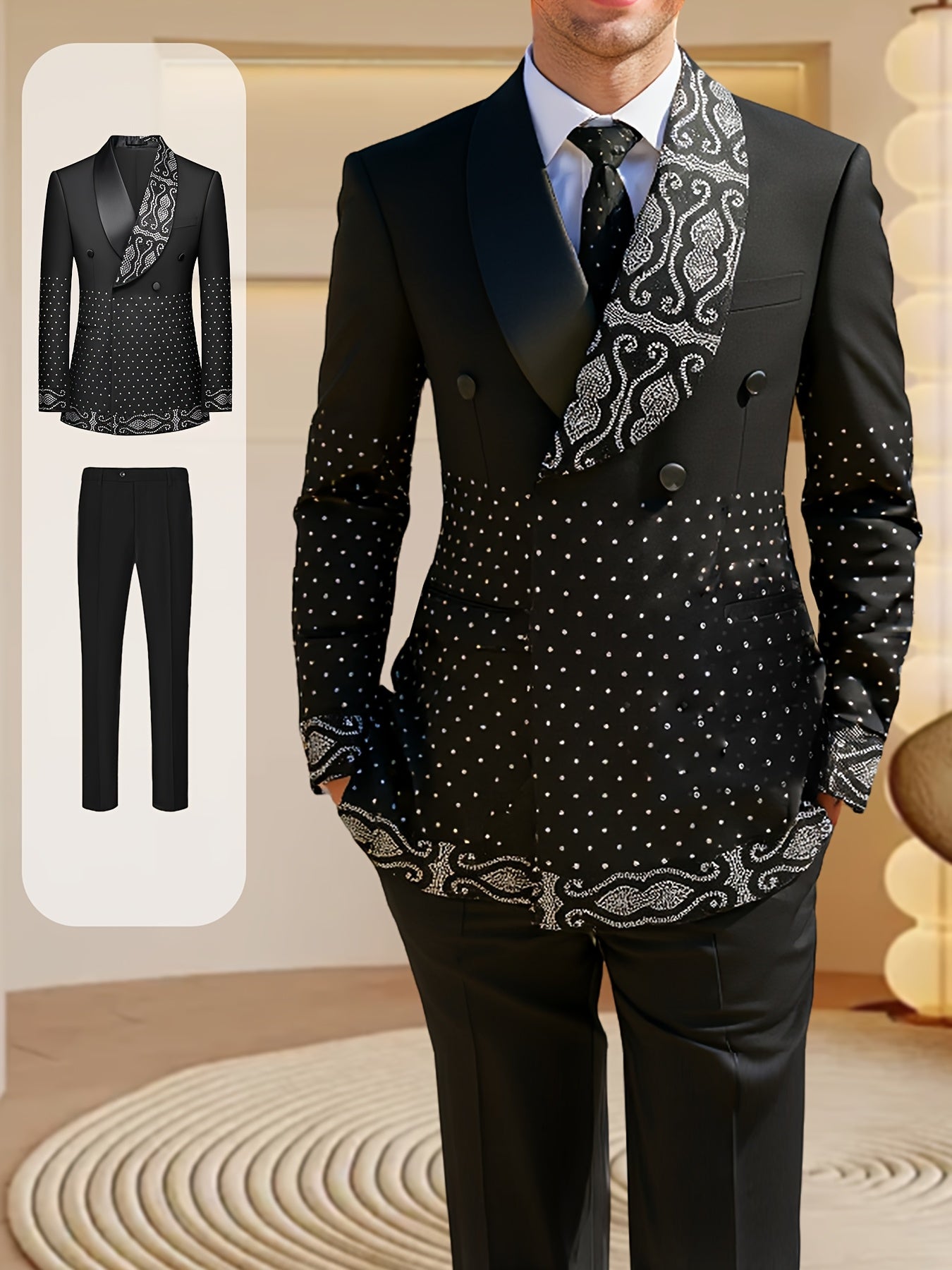 2-piece men's suit, heat cured rhinestone tailcoat, long pants, shawl collar, double breasted wedding party, stage performance, men's elegant suit