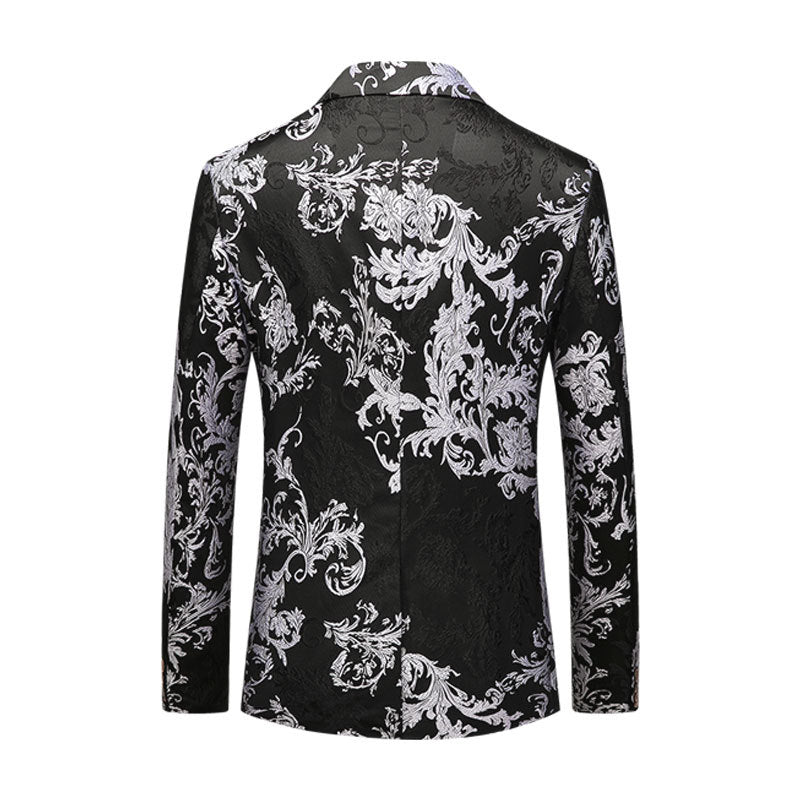 Men's Fashion Silver Peony Jacquard Black Jacket