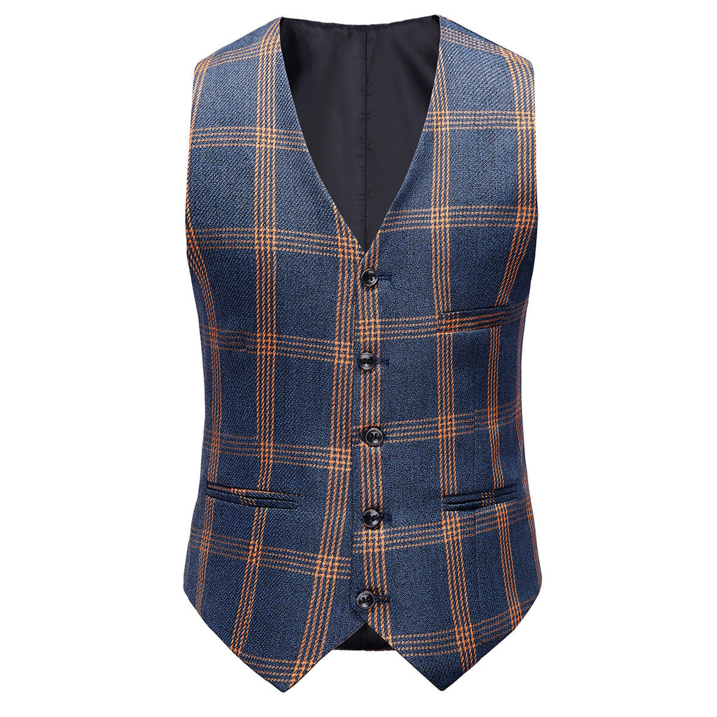 Men's 3-Piece Brown Plaid Design Navy Blue Suit