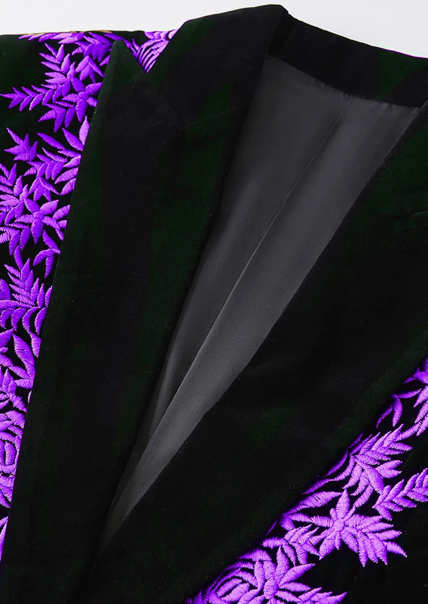 Men's Luxurious Purple Embroidery Black Velvet Tuxedo