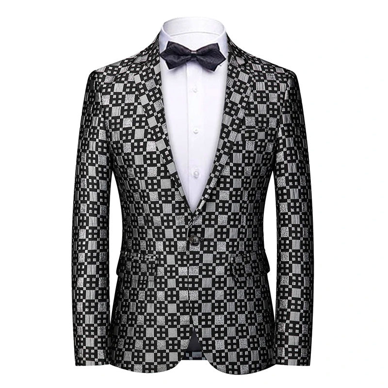 Men's Peak Lapel Woven Black and Silver Plaid Tuxedo