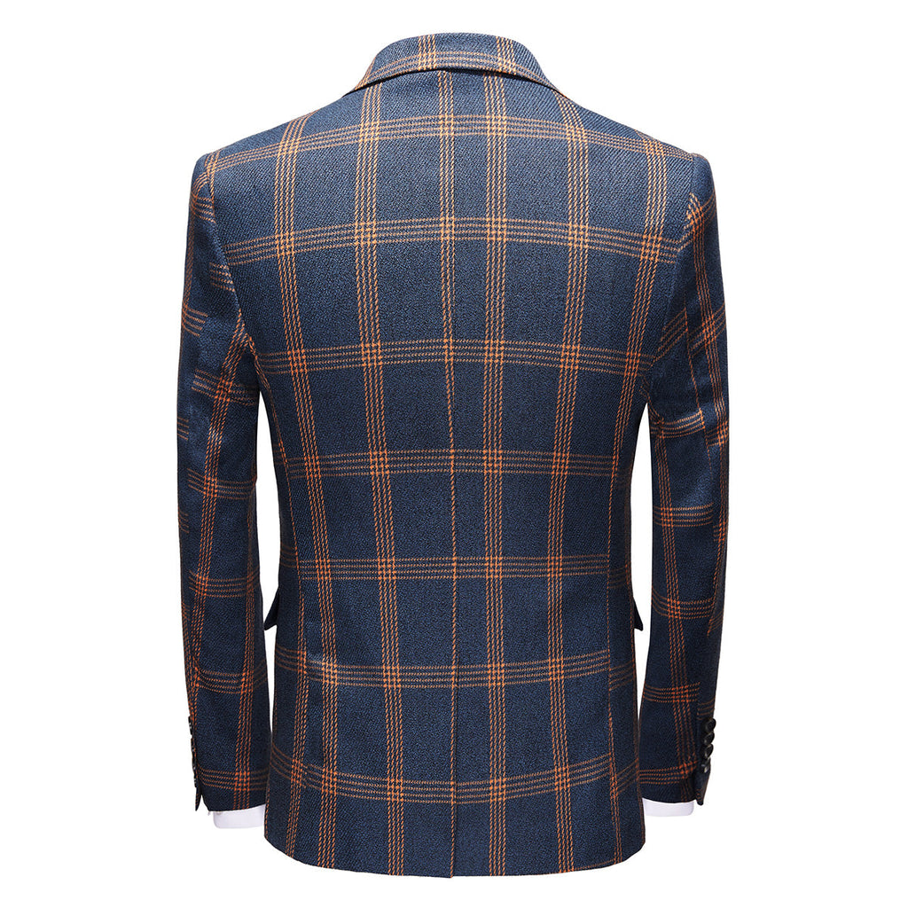 Men's 3-Piece Brown Plaid Design Navy Blue Suit