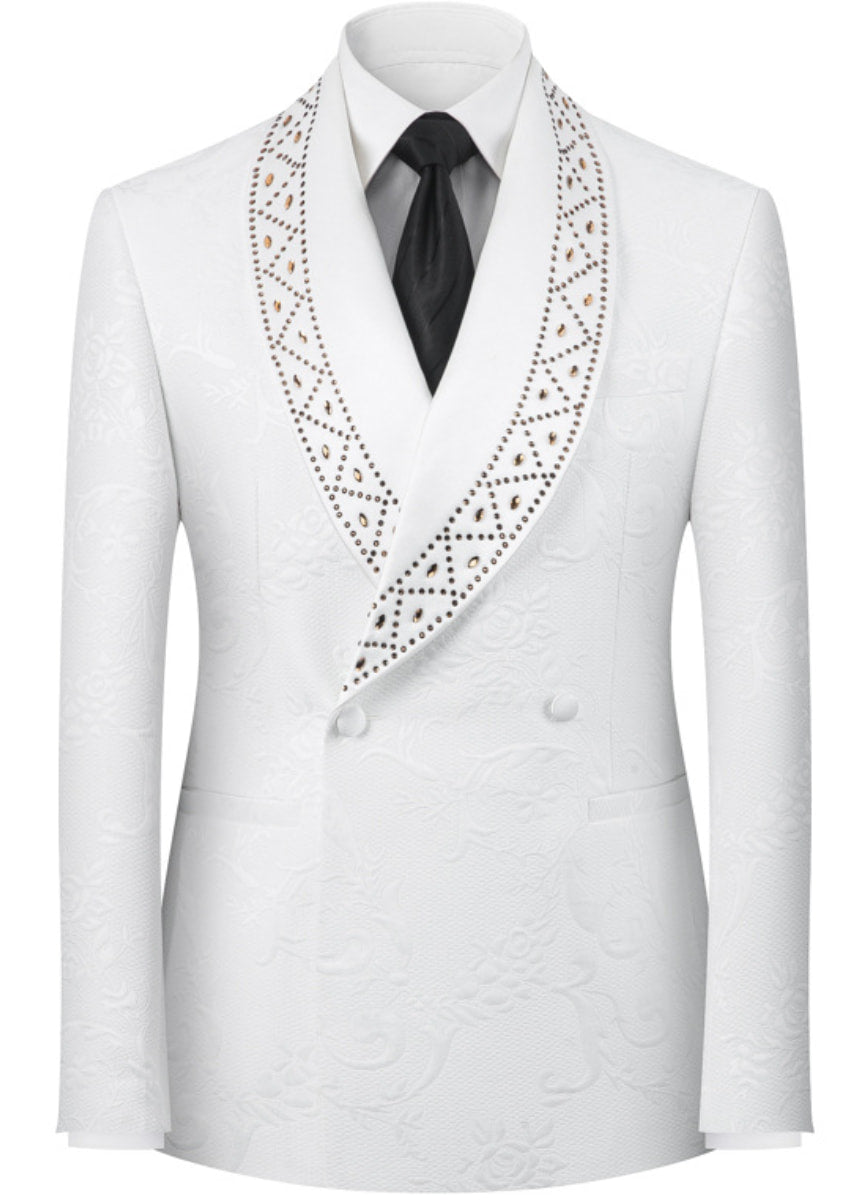 Men’s White 2-Piece Floral Jacquard Tuxedo Set with Hotfix Crystal Shawl Collar