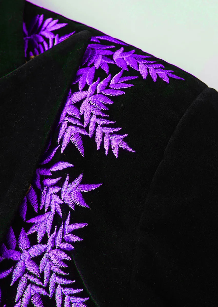 Men's Luxurious Purple Embroidery Black Velvet Tuxedo