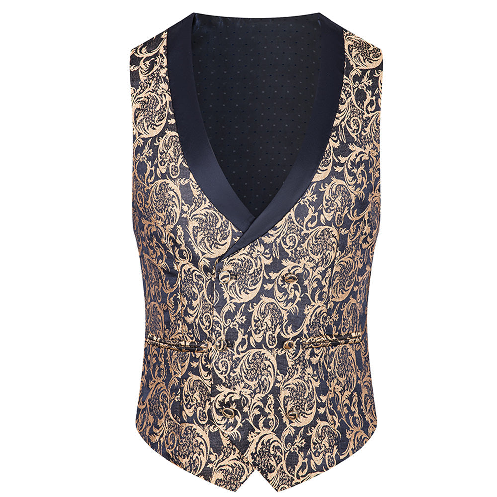 Men's 3-Piece Vintage Style Gold Damask Jacquard Navy Blue Suit