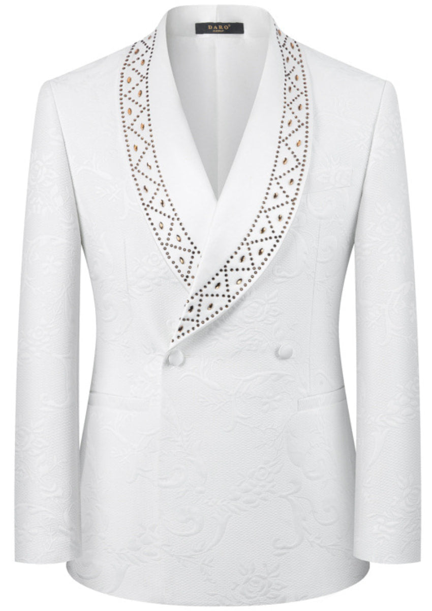 Men’s White 2-Piece Floral Jacquard Tuxedo Set with Hotfix Crystal Shawl Collar