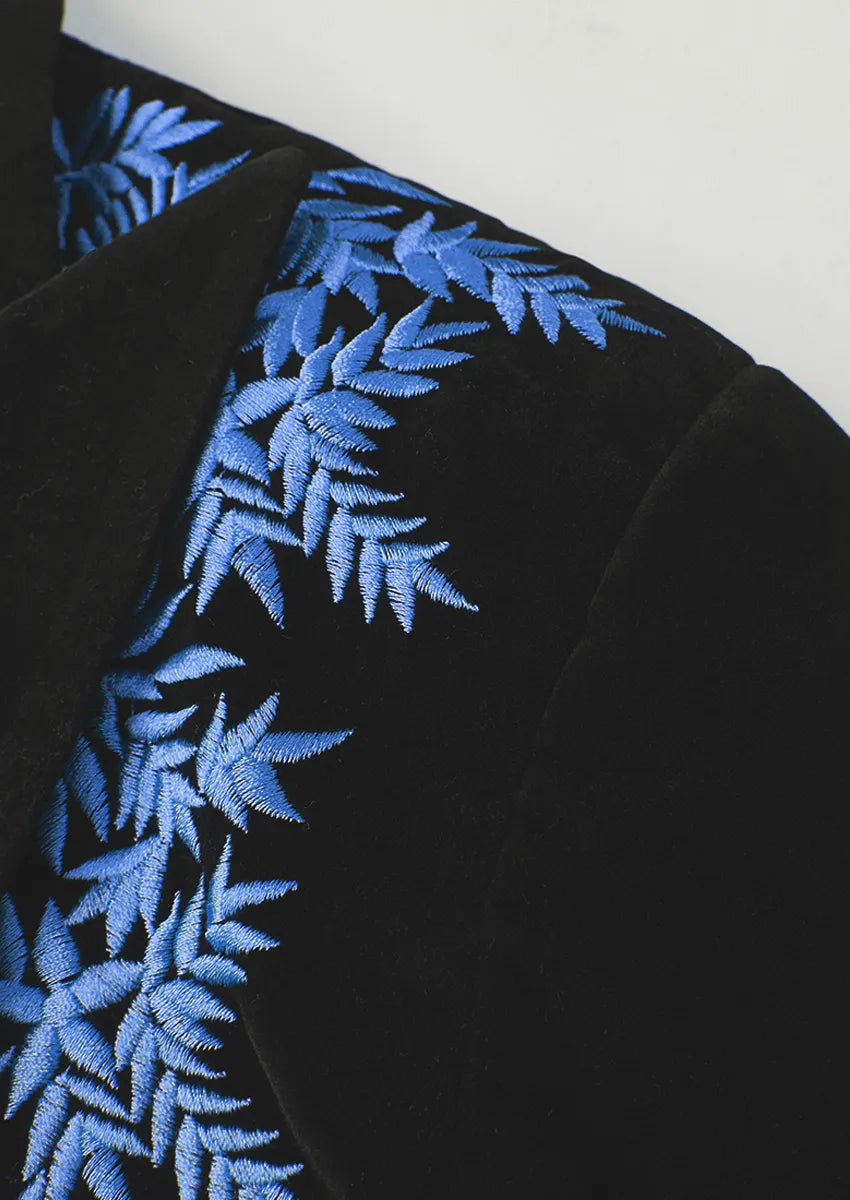 Men's Luxurious Navy Embroidery Black Velvet Tuxedo