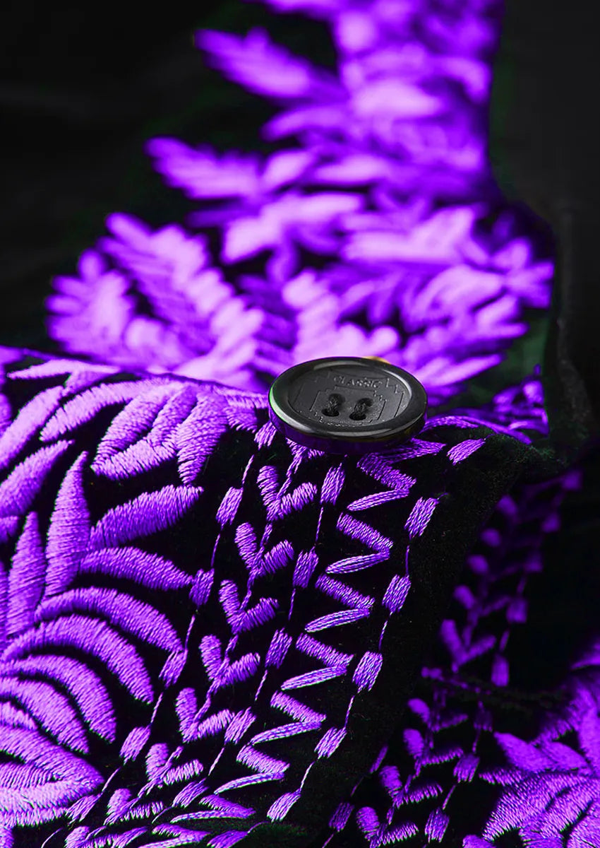 Men's Luxurious Purple Embroidery Black Velvet Tuxedo