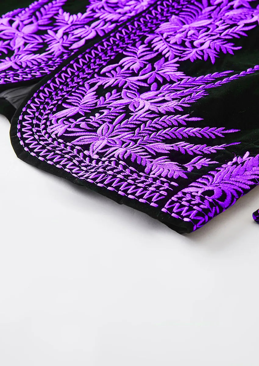 Men's Luxurious Purple Embroidery Black Velvet Tuxedo