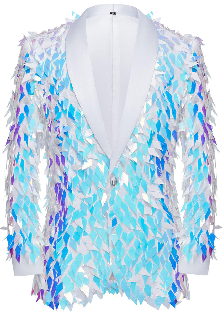 Men's One-Button Geometric Sequin Light Blue Tuxedo