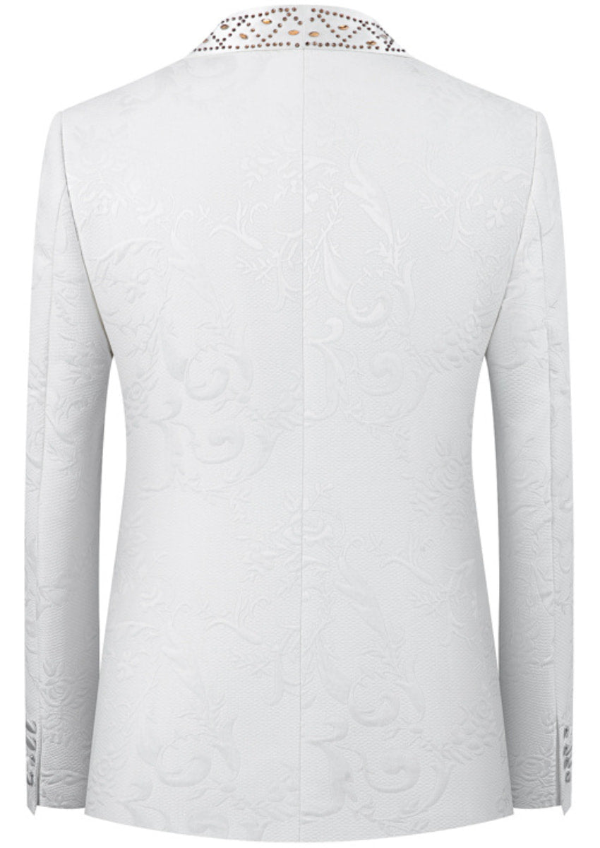 Men’s White 2-Piece Floral Jacquard Tuxedo Set with Hotfix Crystal Shawl Collar