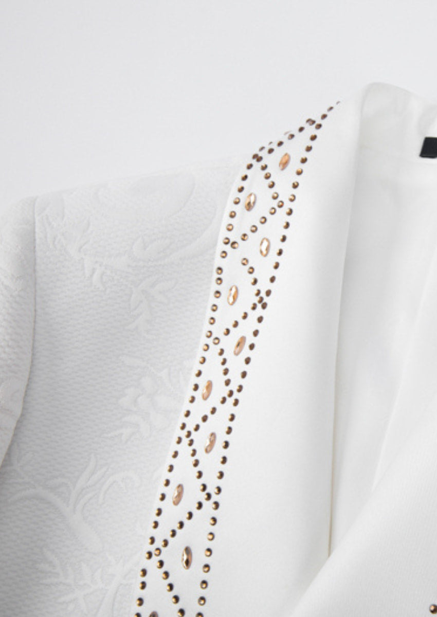 Men’s White 2-Piece Floral Jacquard Tuxedo Set with Hotfix Crystal Shawl Collar