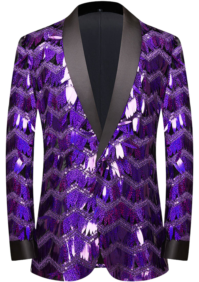 Men's One-Button Geometric Sequin Purple Jacket