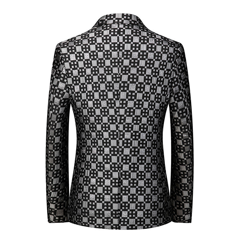 Men's Peak Lapel Woven Black and Silver Plaid Tuxedo