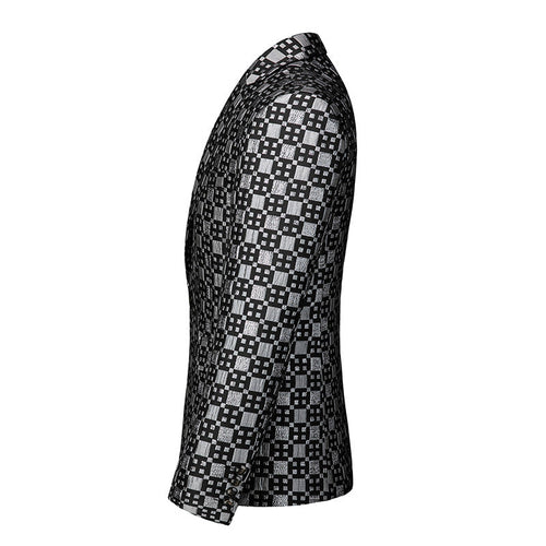 Men's Peak Lapel Woven Black and Silver Plaid Tuxedo