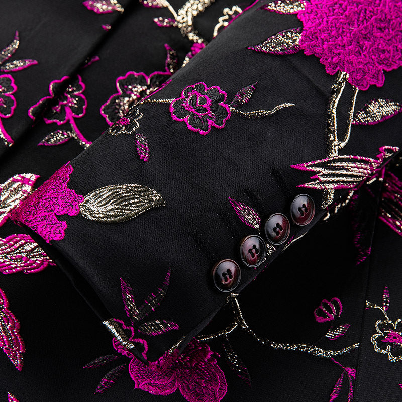 Men's 2-Piece Golden Magenta Birdsong Forest Embroidery Shawl Collar Suit