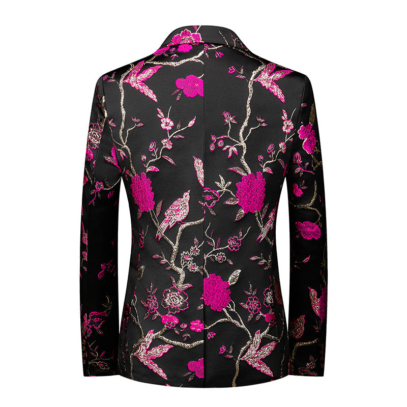 Men's 2-Piece Golden Magenta Birdsong Forest Embroidery Shawl Collar Suit