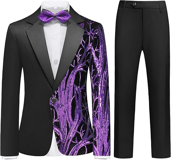 Boy's 2-Piece Purple Sequin Branches Black Suit Tuxedo