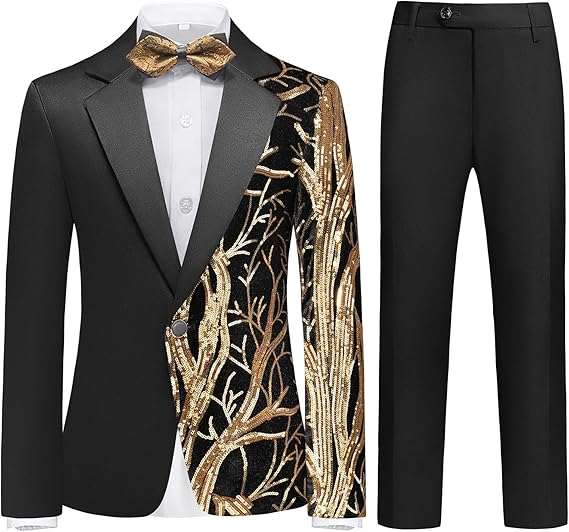 Boy's 2-Piece Gold Sequin Branches Black Suit Tuxedo