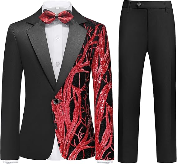 Boy's 2-Piece Red Sequin Branches Black Suit Tuxedo